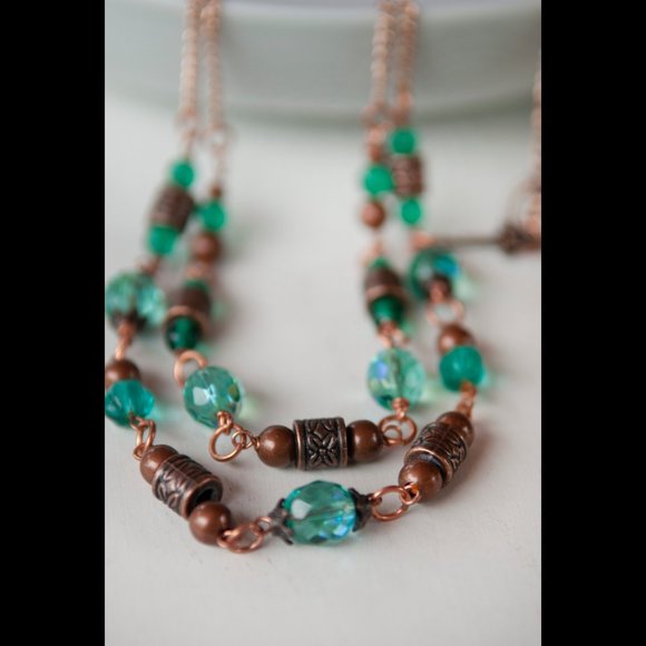 Hand Crafted Jewelry - NEW Handmade - Aqua Green Glass and Copper Necklace